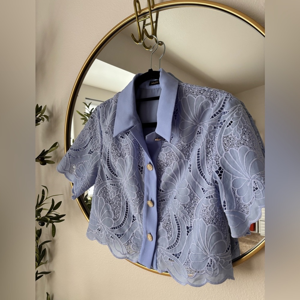 Elegant Lace Blouse in Soft Blue with Gold Accents